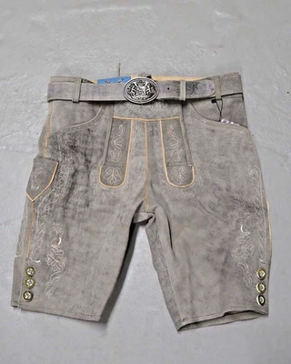 kurze Lederhose hellgrau mit Hosenträger oder Gürtel antik look echt Leder Neu - Bild 1 von 4