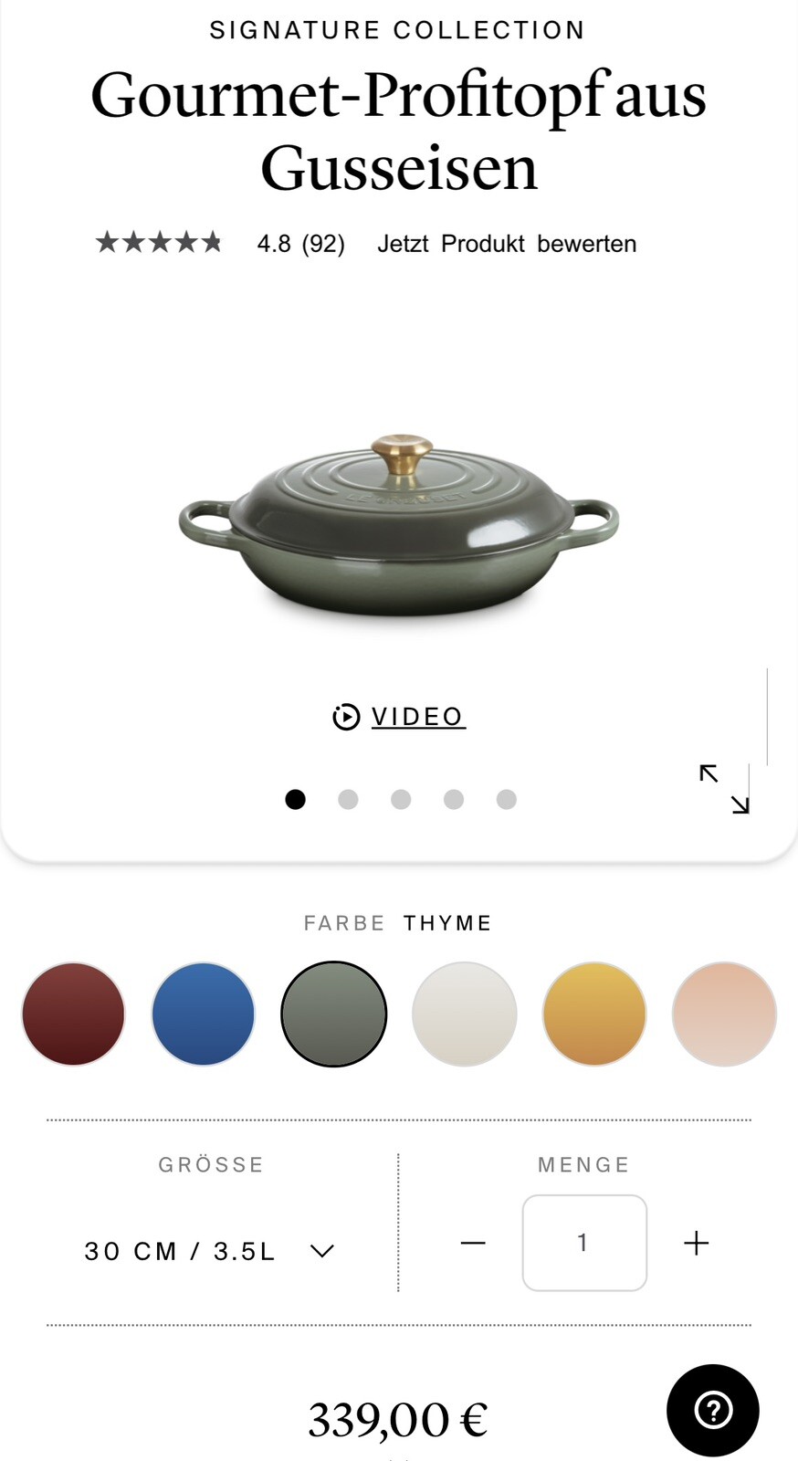 Le Creuset Signature Gourmet-Profitopf Gusseisen 30 cm - 3.5L Thyme NEU NP 339 €