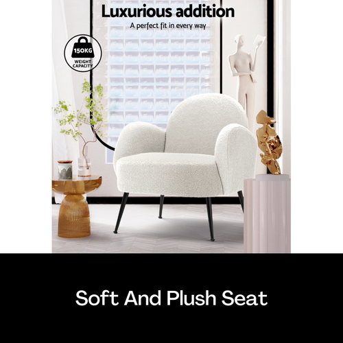 Artiss Armchair Lounge Chair Armchairs Accent Arm Chairs Sherpa Boucle White NEW - Picture 8 of 13