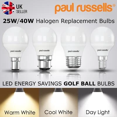PAUL RUSSELLS LED Golf Ball 3W=25w 5.5W=40Watt Bulbs Warm Cool White Day Light B22 B15 E27 E14