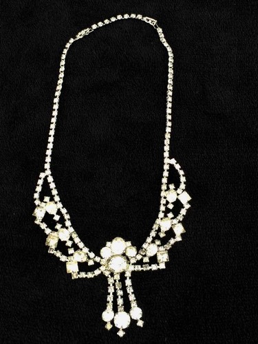 1950's Vintage Lot of 3 Clear Rhinestone Necklaces Bib Teardrop - READ - Picture 2 of 12