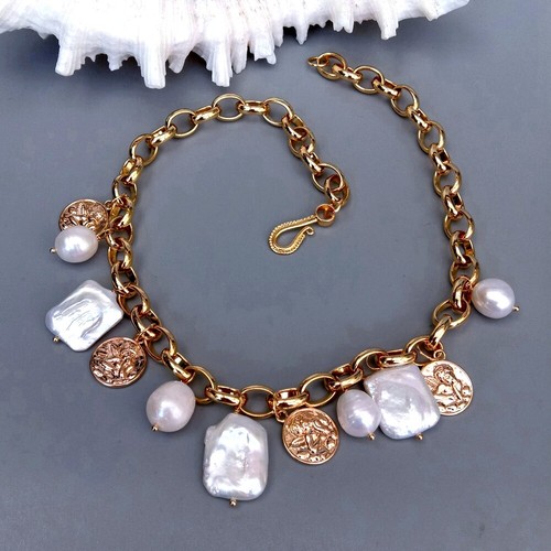 17.5" Cultured White Rice Rectangle Keshi Pearl Charm Gold Plated Chain Necklace - Picture 3 of 6