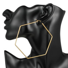 HEXAGON HOOP EARRINGS 90 MM STAINLESS STEEL GOLD CLAD 6 Sided  Pouch