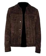 Men's Real Suede Leather Dark Brown Trucker Jacket Denim Style Classic Jacket