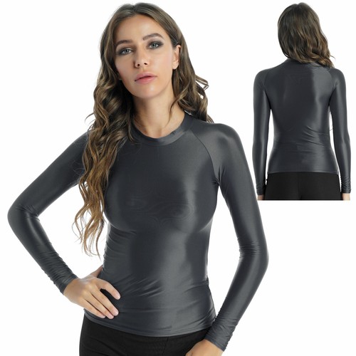 Women's Stretchy Tights Yoga Top Shiny Metallic Long Sleeve Gym Running AU - Picture 61 of 101