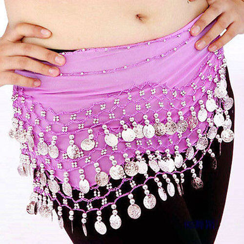 Women's Belly Dance Skirt Costume Belt Skirt Hip Wrap Skirt Silver Coin Scarf US - Picture 2 of 23