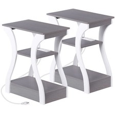 Set of 2 End Table with Charging Station 3 Tier Side Table for Living Room Gray