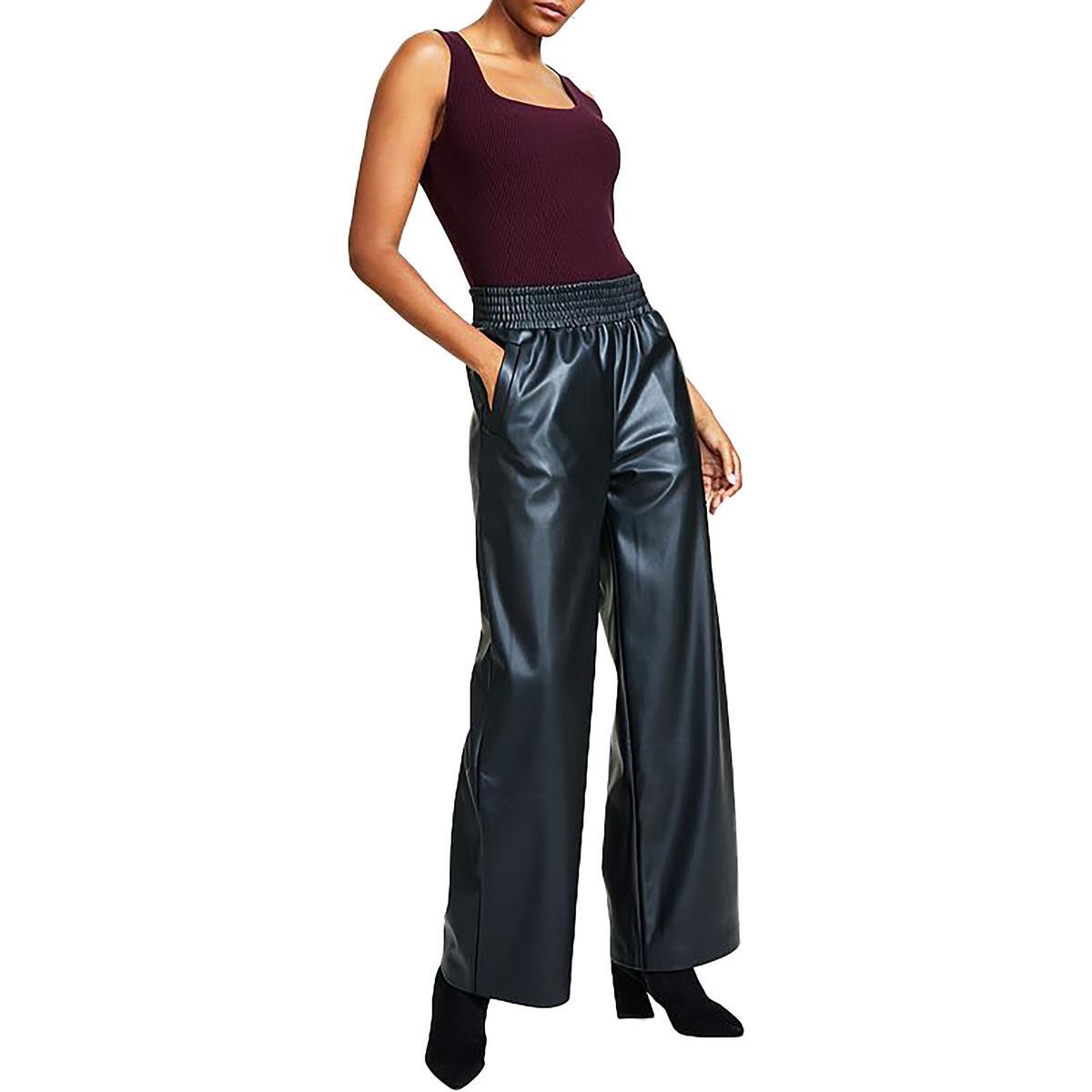 Bar III Womens Black Faux Leather High Rise Wide Leg Pants Petites PM BHFO 5316