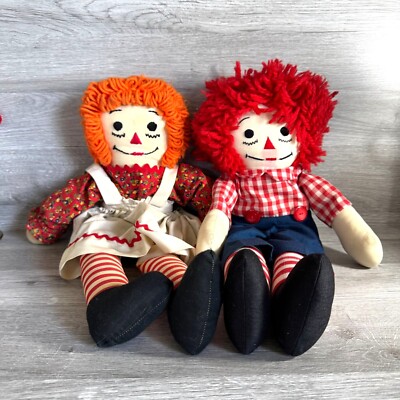 Vintage Raggedy Ann & Andy Cloth Dolls 19'' Handcrafted With Striped Socks & Deta