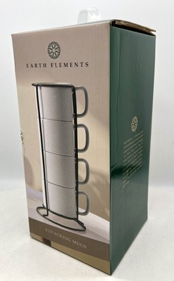Earth Elements 4 Stacking White Coffee Cups/ Mugs with Black Metal Holder