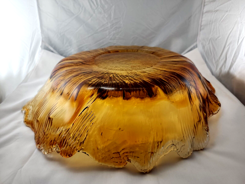 Extra Large Art Glass Center Piece Bowl Gold Amber Honey Waves Scallop 19" Acros - Picture 5 of 12