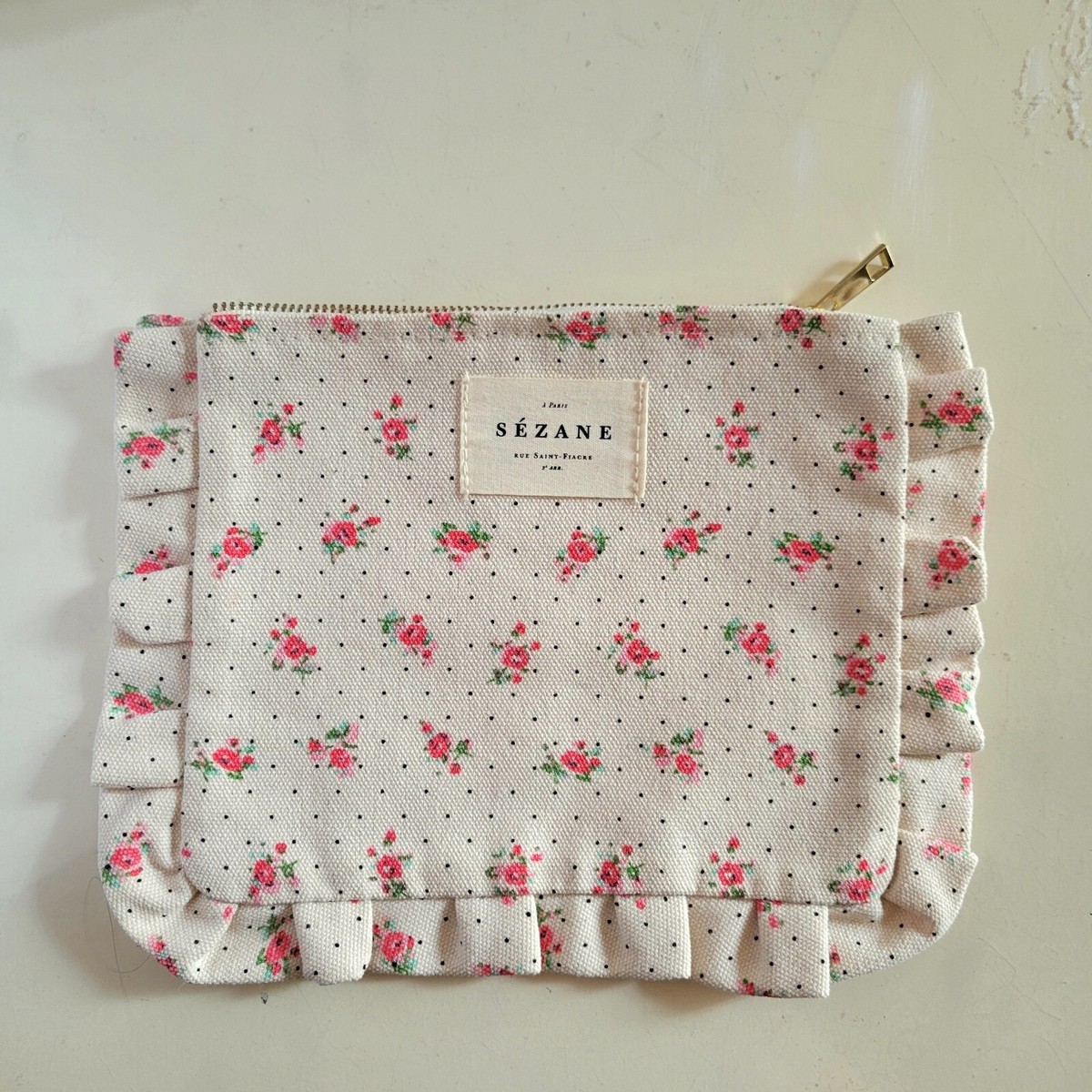 Sezane Mini Pochette Canvas Pouch Floral Dot Frill Froufrous