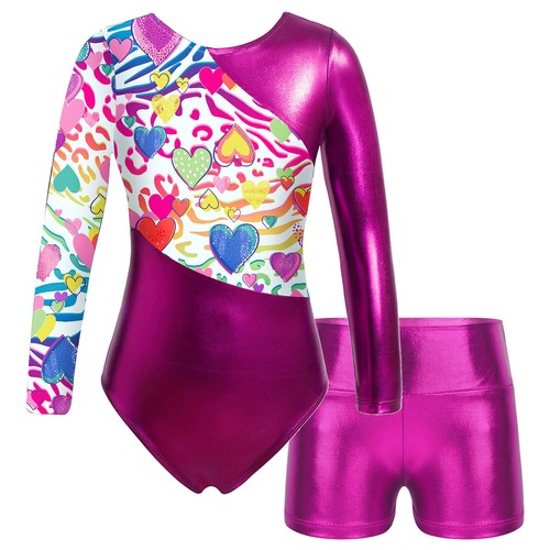 Girls Long Sleeve Leotard and Sport Shorts Dancewear Sets for Yoga Gymnastics - Picture 27 of 40