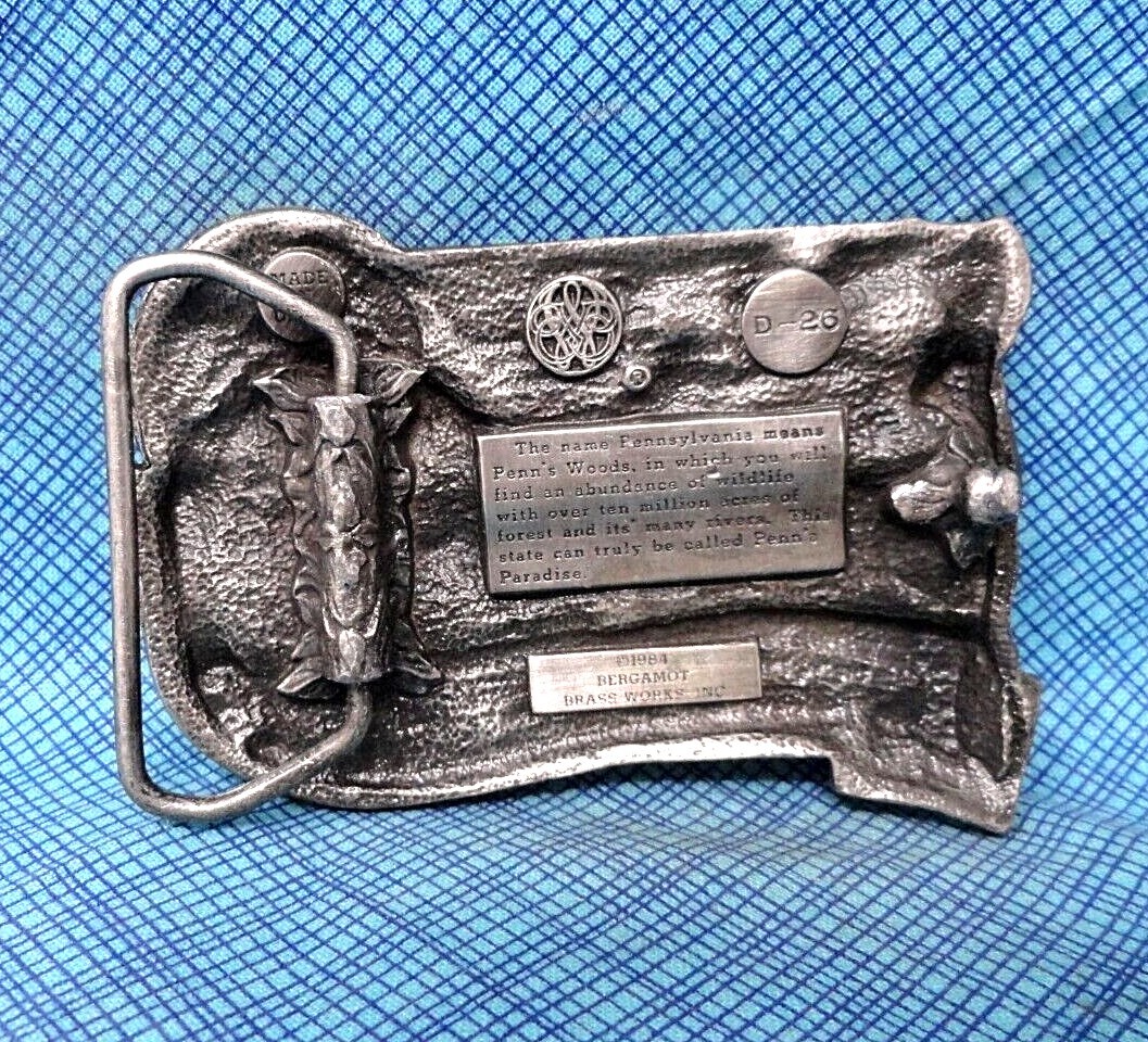 Pennsylvania Belt Buckle Penns Paradise Wildlife Fowl Vtg 80s Bergamot