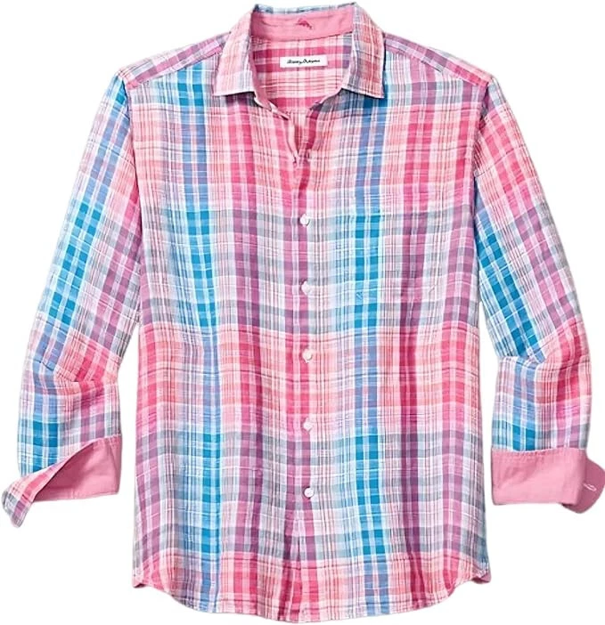 $138 Tommy Bahama Men's, Paradise Cay Plaid Linen Shirt, Very Berry, S