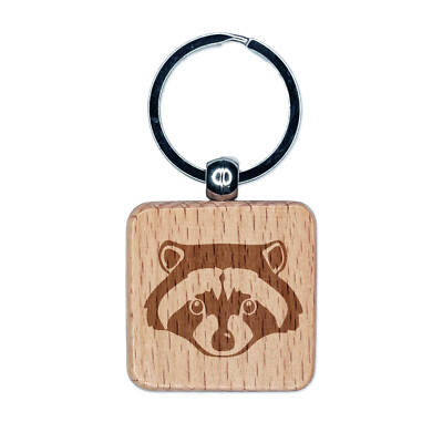 Raccoon Trash Panda Head Engraved Wood Square Keychain Tag Charm