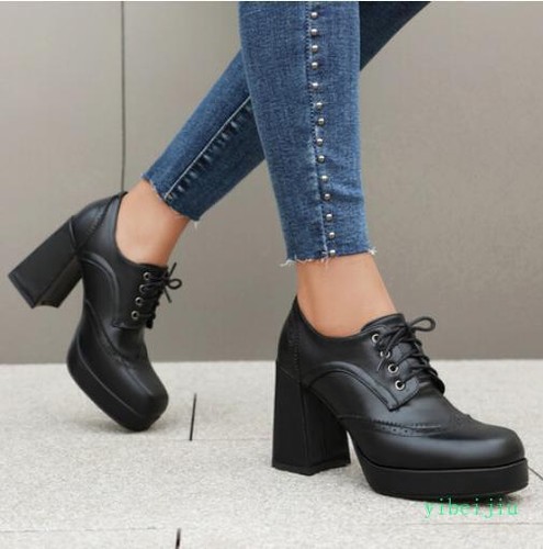 Women's Retro Platform Spring Fall Lace Up High Heel Shoes Square Toe Mary Janes - Picture 5 of 21