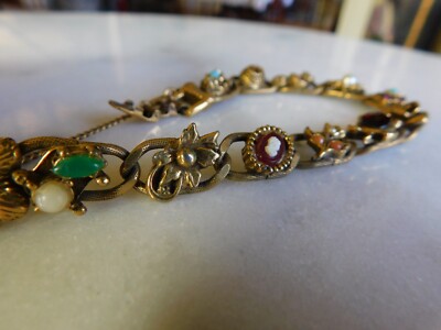 Vintage Goldette NY Flower Charm Cameo Link Bracelet w