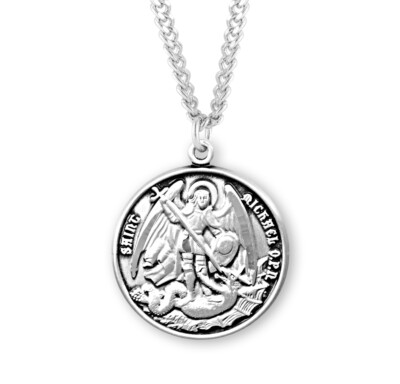 St. Michael Runde Sterlingsilber katholische Heilige Medaille Anhänger auf Kette Halskette