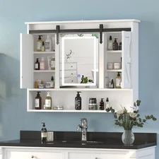 LED Medicine Cabinet Mirror Bathroom Wall Cabinet w/Lights and Sliding Barn Door