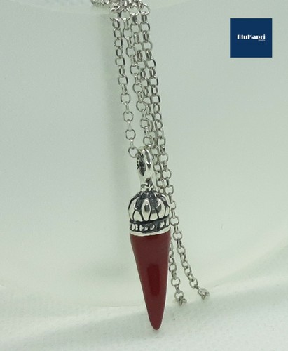 collana uomo Ciondolo corno in argento 925 CON SMALTO ROSSO FUOCO. portafortuna - Foto 6 di 8