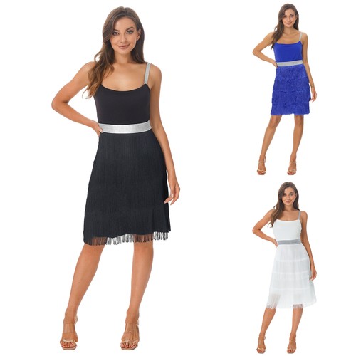 Womens Dress Bodycon Dancewear A-line Skirts Mini Shiny Latin Disco Ballroom - Picture 1 of 45