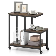 Modern G-Shaped End Table w/ Storage Shelves & Lockable Casters for Living Room
