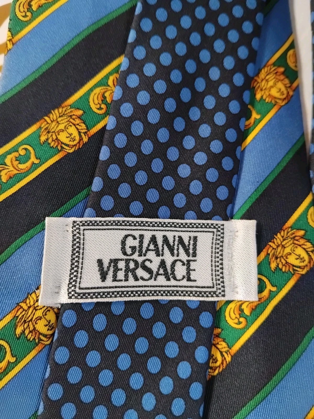 Gianni Versace Blue Gold Striped Medusa Head Silk Necktie Made In Italy - product detail image 4