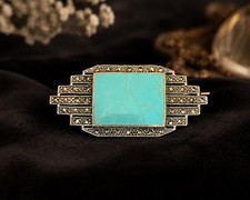 Vintage Art Deco 925 Sterling Silver Marcasite Turquoise Brooch Pin 5cm