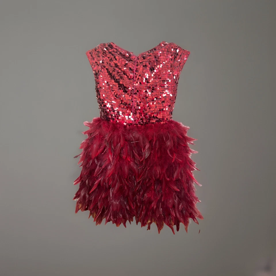 Vestido de Pluma CHASING FIREFLIES Boutique Borgoña Rojo Lentejuelas Niñas Talla 7 Usado en Excelente Condición Foto 3 de 4