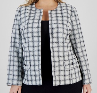 Kasper Womens White Tweed Open Front Collarless Cardigan Jacket Coat Plus Sz 14W