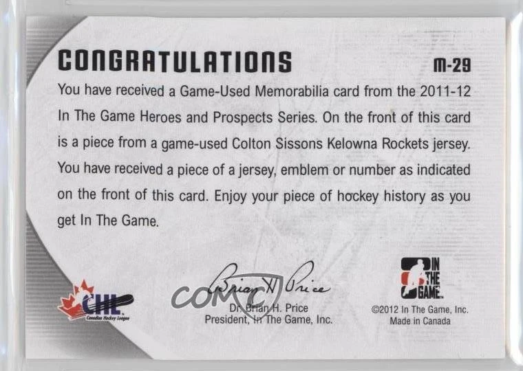 2011-12 ITG Heroes and Prospects Game-Used Black Emblem /6 Colton Sissons #M-29 - Image 2 of 2