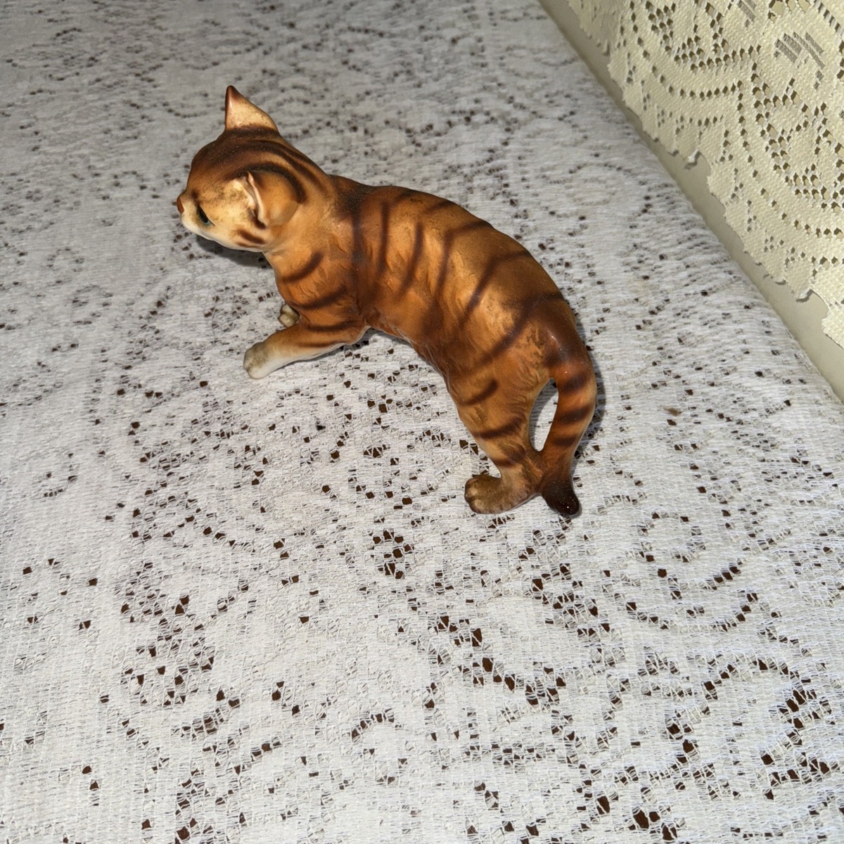 Vintage Porcelain Orange Tabby Cat with Stripes/Green Eyes-Japan