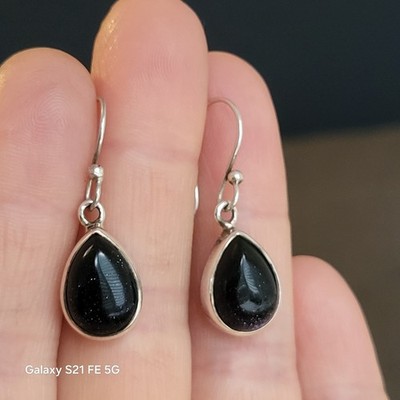 Superb Teardrop Blue Goldstone Earrings Sterling Silver Teardrop Shaped New Pair