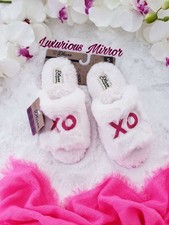 Dearfoams DLuxe Slip-On Plush Cozy Fluffy XO Slippers S 5/6 Ivory Pink Women's