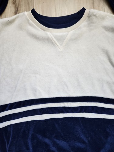 VTG Mens Velour Striped Retro Pullover Shirt Large 70s 80s Sweatshirt Navy White - Picture 2 of 8