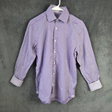 Bugatchi Uomo Shirt Men 14.5 Purple White Check Dress Long Sleeve Flip Cuff