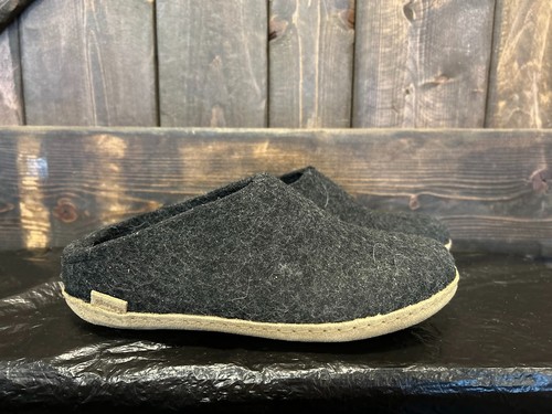 Glerups Slip-On Black Wool Slipper with Leather Bottom - EU Size 39