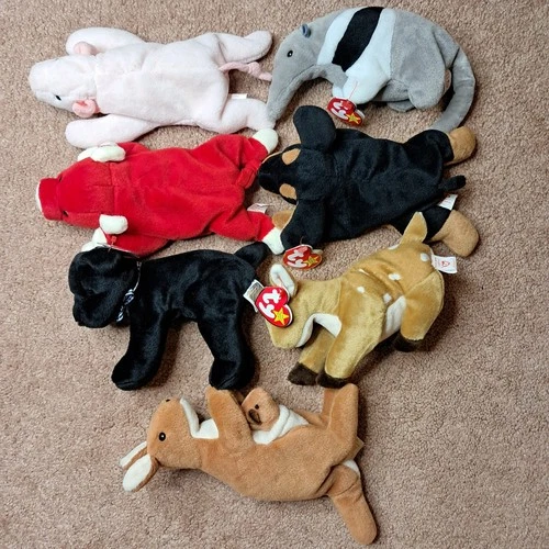 Lot Of 7 Vintage TY Beanie Babies Whisper Snort Pouch Doby Luke Ants (See Info)
