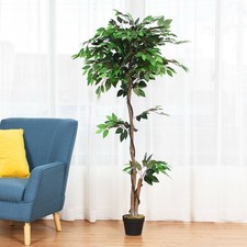 Costway 5.5FT Artificial Ficus Silk Tree Wood Trunks Green In/Patio Home D cor