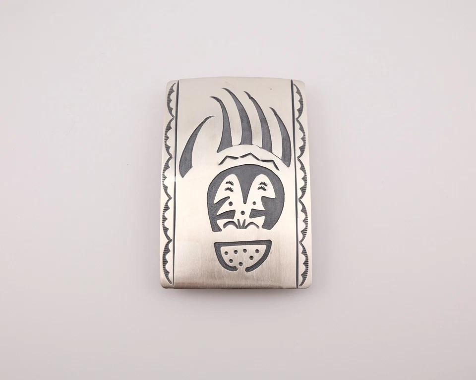 Handcrafted Navajo Belt Buckle Sterling Silver Bear Paw Overlay Design Signed - Image 3 of 4