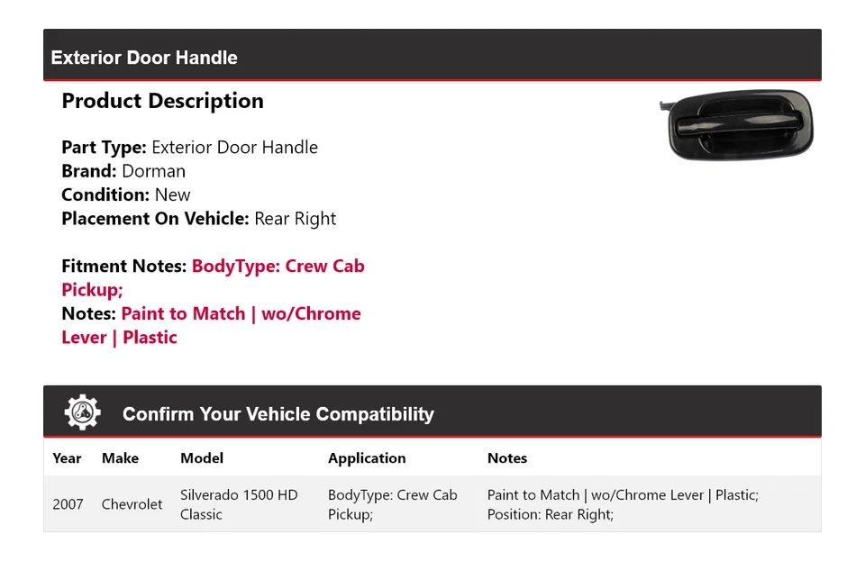 Manija de puerta exterior Dorman Classic 2007 Chevrolet Silverado 1500 HD Foto 2 de 4