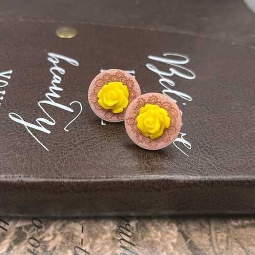 Handmade Yellow Rose Pink Button Earring Studs Unique - Picture 10 of 10