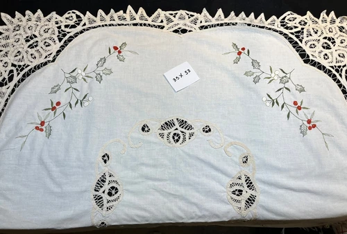 Vintage Cotton Battenburg Lace & Embroidered Christmas Tablecloth 33x33 -China