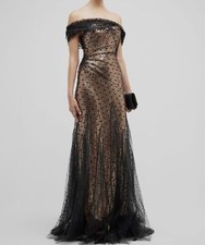 $5995 Bach Mai Women's Black Silk Sequin Tulle Off-Shoulder Gown Dress Size 8