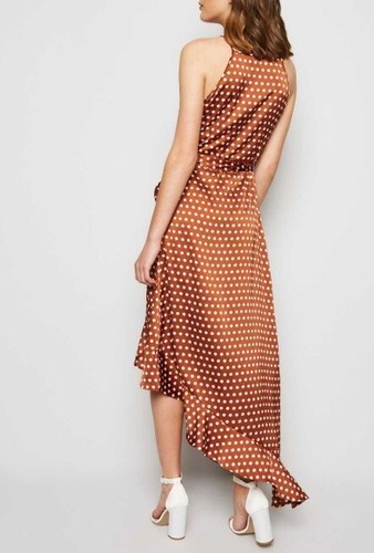 New Look Size 18 Brown Spot Satin Ruffle Midi Dress - Picture 2 of 10