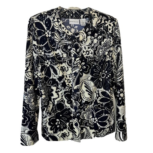 Alfred Dunner blazer navy white flower Women Sz 12 shiny formal long sleeve