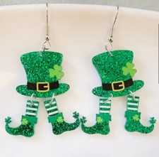 ST. PATRICKS DAY CLOVER SHAMROCK LEPRECHAUN HAT GREEN ACRYLIC DANGLE EARRINGS