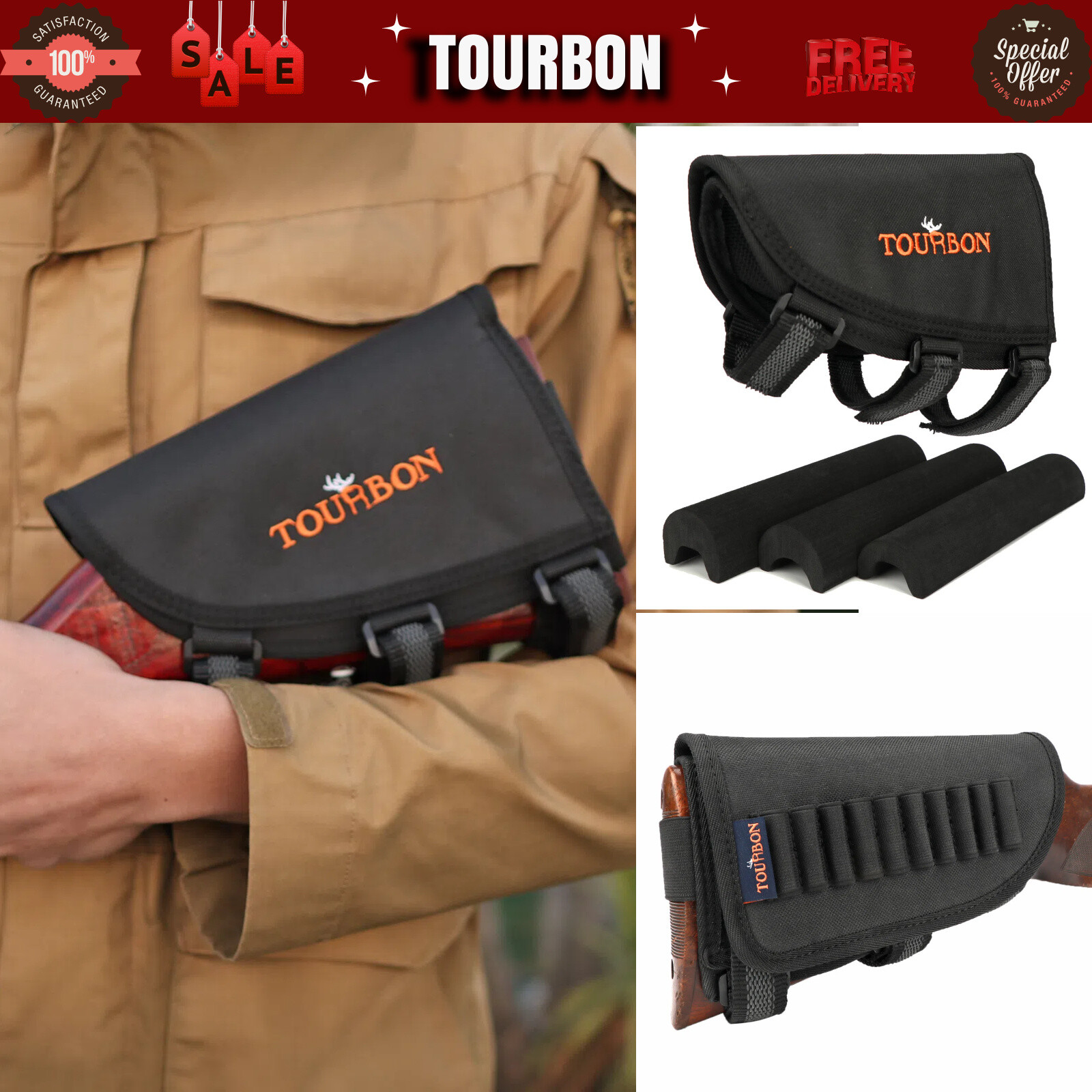 TOURBON Shooting Cheek Riser Rest Gun Stock Ammo Holder Cartridge Pouch Mag Bag