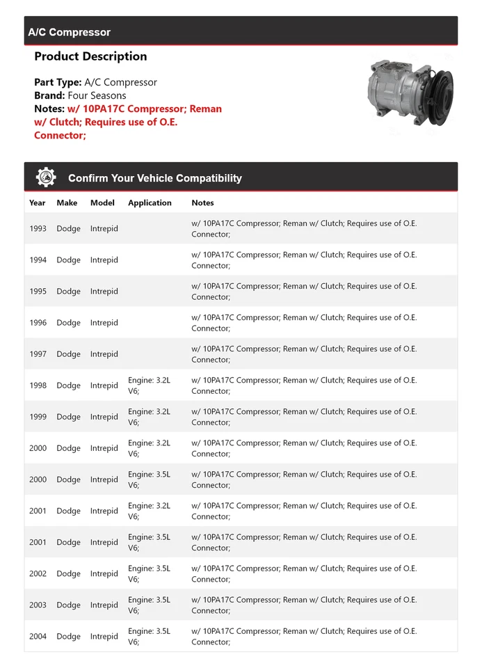 Compresor de aire acondicionado Dodge Intrepid 1993-2004 4 estaciones 1994 1995 1996 1997 1998 Foto 2 de 4